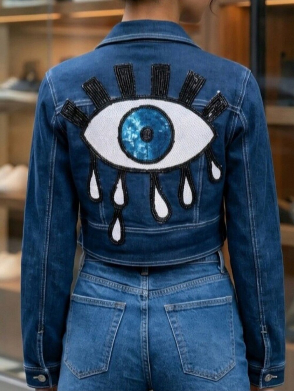 🎃👁 EVIL EYE MEBON By Machine Jeans Sequin Cropped Denim Jacket NWT Size M